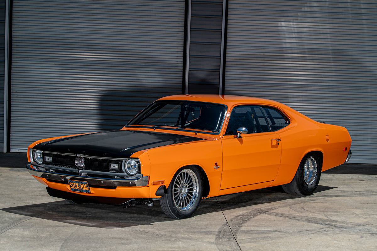 Alex Hays’s orange 1971 Dodge Demon, FUELSLT